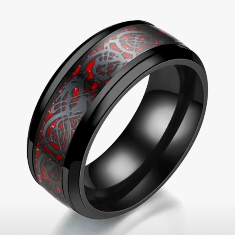 NWT - Retro Titanium/Stainless Steel Alloy Dragon Patterned Ring (Red & Black)
